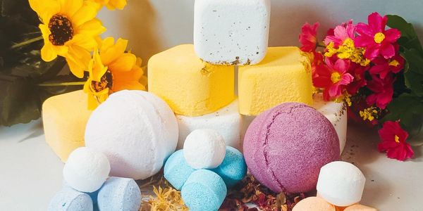 Bath bombs and shower steamers in a group