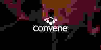 Two men talking with the logo for Convene Podcast