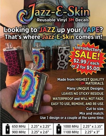 Colorful Jazz-E-Skin reusable vinyl decals for vape devices with a sale offer.