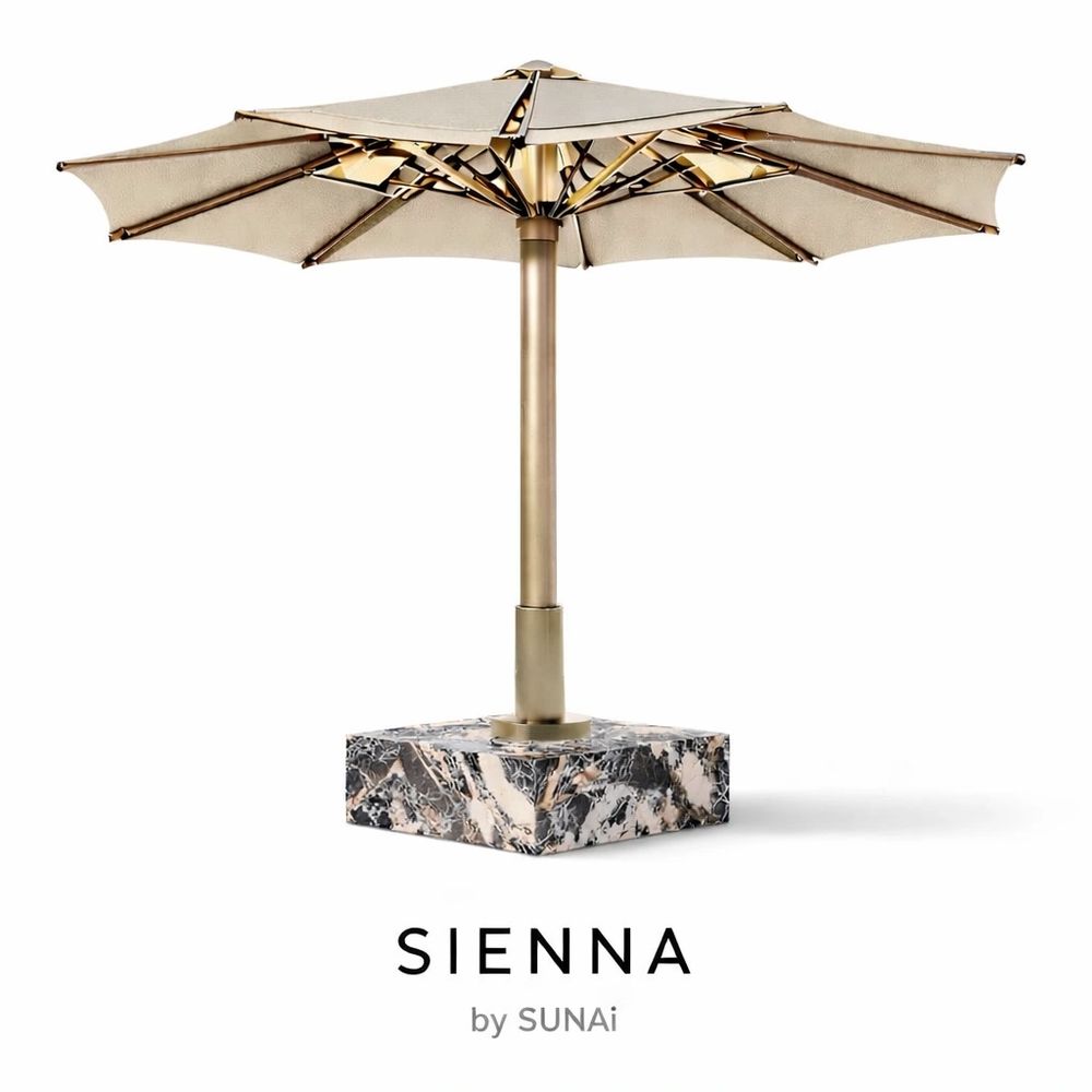 Luxury umbrella with champagne aluminum frame, beige canopy, and marble base, designed for elegance