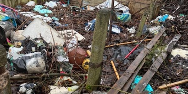 A cluttered backyard filled with debris, trash, and broken wood.