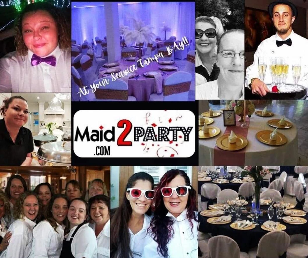 Collage of event staff, decorated tables, and Maid2Party logo.