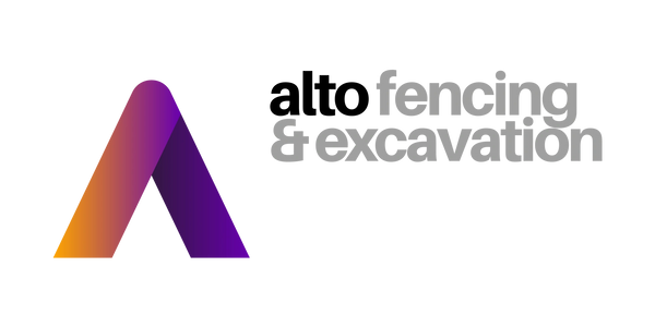 A purple and yellow triangle with the words " alto fencing & excavation ".