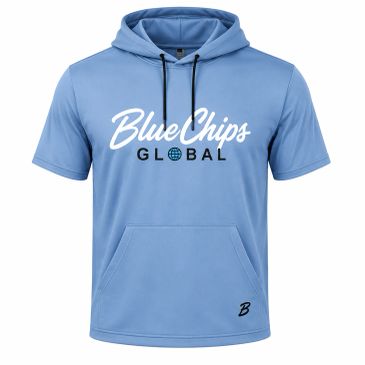 Light blue short-sleeve hoodie with 'BlueChips Global' text.