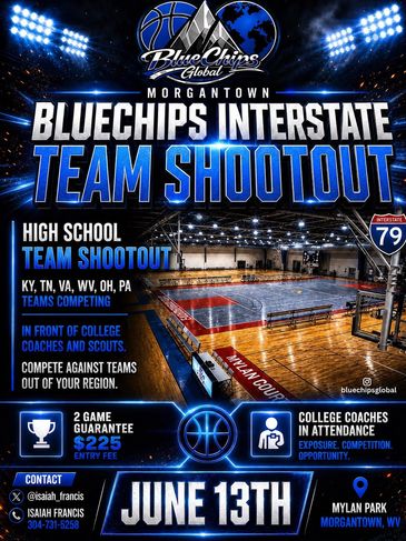Flyer for Morgantown BlueChips Interstate Team Shootout basketball event on June 13th.