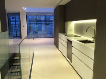 Glass panel staircase upper pantry
