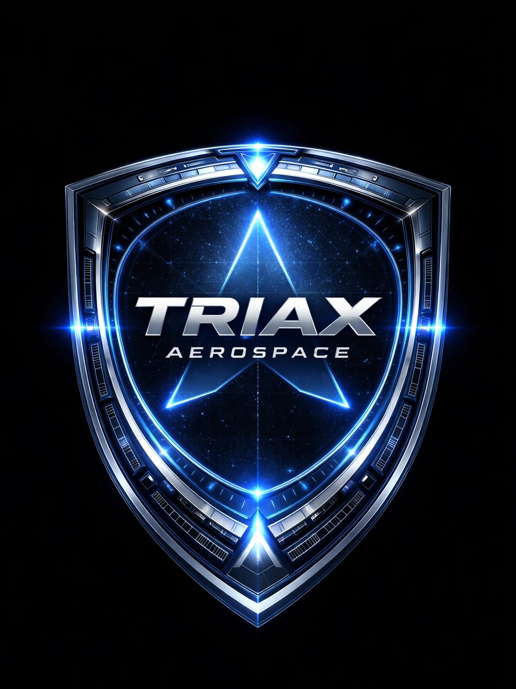 Futuristic metallic shield logo with glowing blue accents for TRIA X Aerospace.