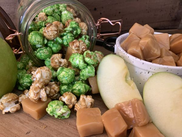 sweet and sassy caramel green apple gourmet popcorn small batch kettle corn