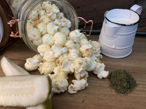 Dillicious is creamy dill gourmet popcorn, small batch kettle corn just like a pickle