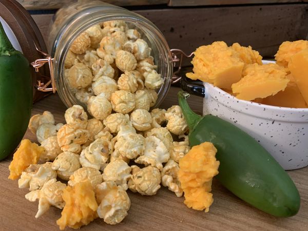 Jalapeno cheddar cheese small batch gourmet popcorn kettle corn savory and cheesy