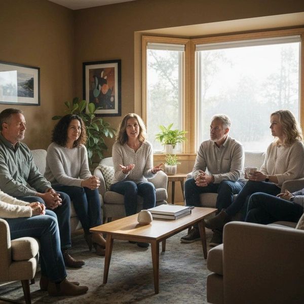 A group therapy session with seven people seated in a cozy room.