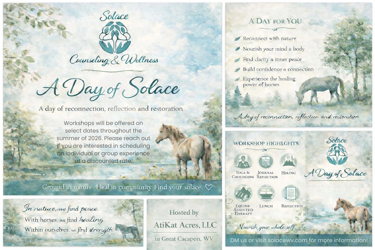 A serene flyer for 'A Day of Solace' wellness workshops with horses in nature.