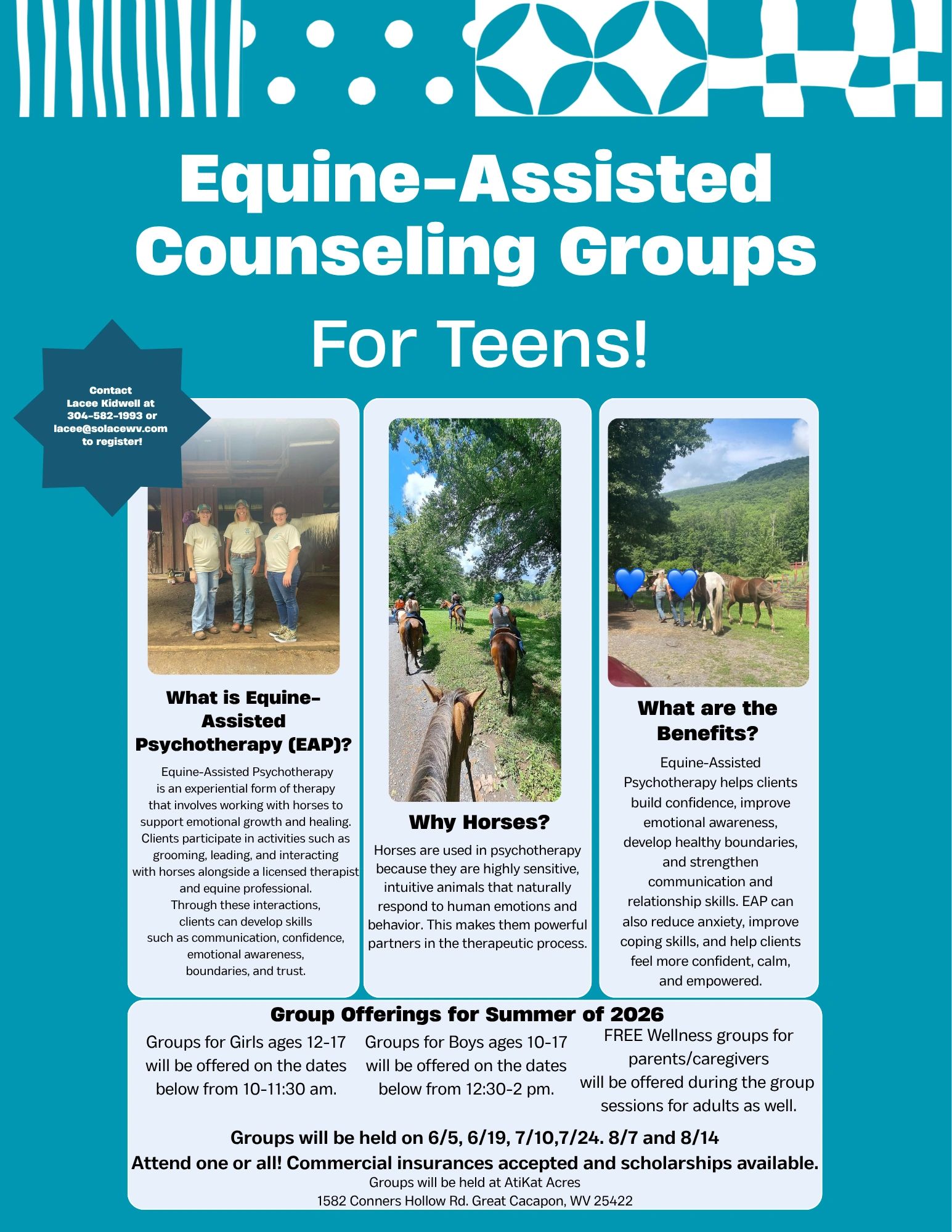 We are offering more summer Equine-Assisted Psychotherapy Groups for Teens! Solace Counseling and We
