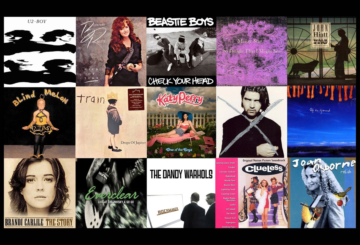 Collage of 15 diverse music album covers from various artists and genres.