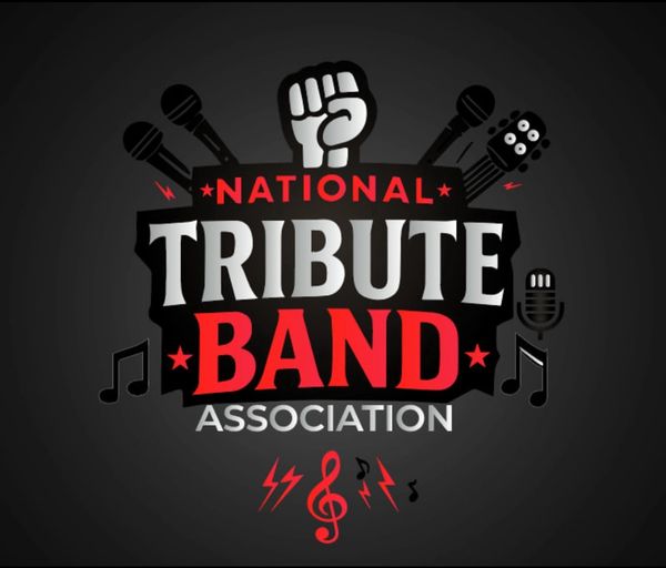 Logo of the National Tribute Band Association with musical elements and a raised fist.