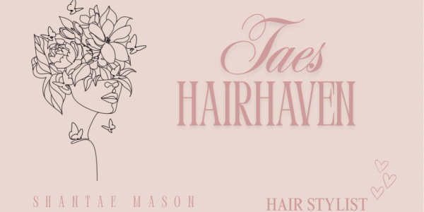 Elegant logo for Taes Hairhaven featuring floral face art and stylist name.