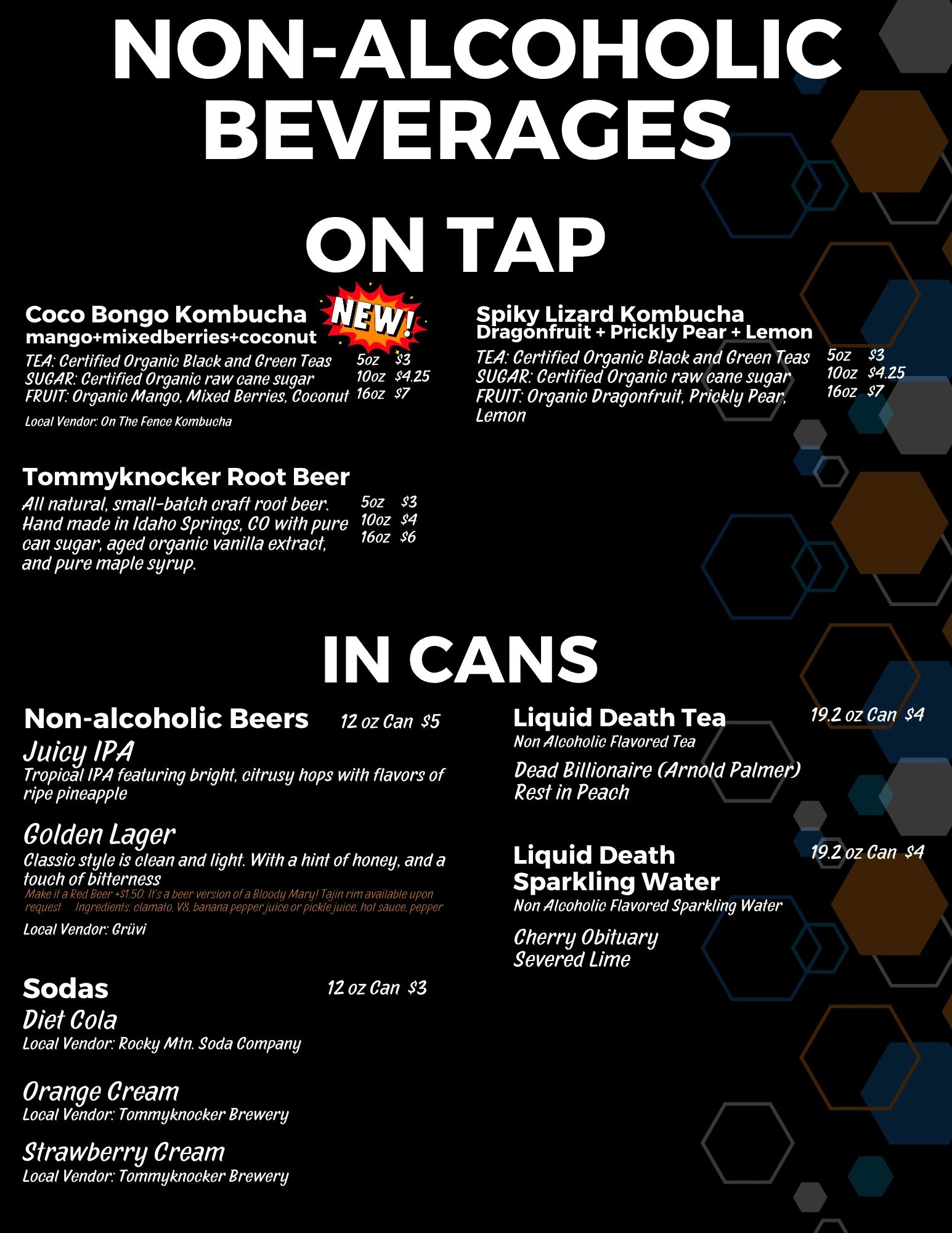 Menu of non-alcoholic beverages including kombucha, root beer, beers, sodas, and flavored teas.