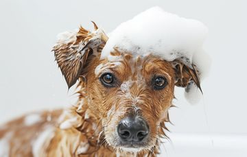 A dog wet dog with soap suds on its head.