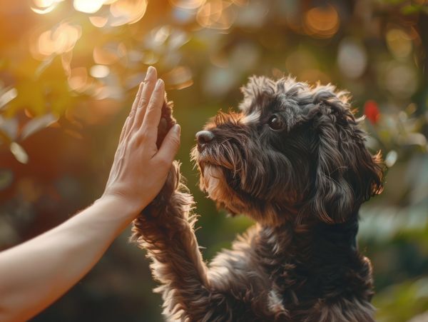 A photo of a black doodle dog giving a person a high five. 