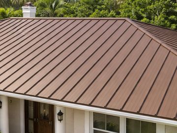 Modern house with a brown metal roof and lush tropical landscaping.