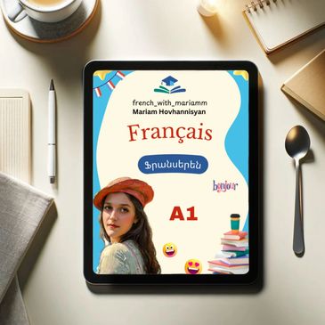 Tablette affichant une application d'apprentissage du français niveau A1.