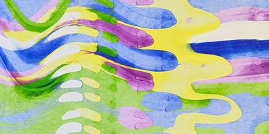 Colorful abstract watercolor painting with flowing shapes and vibrant hues.