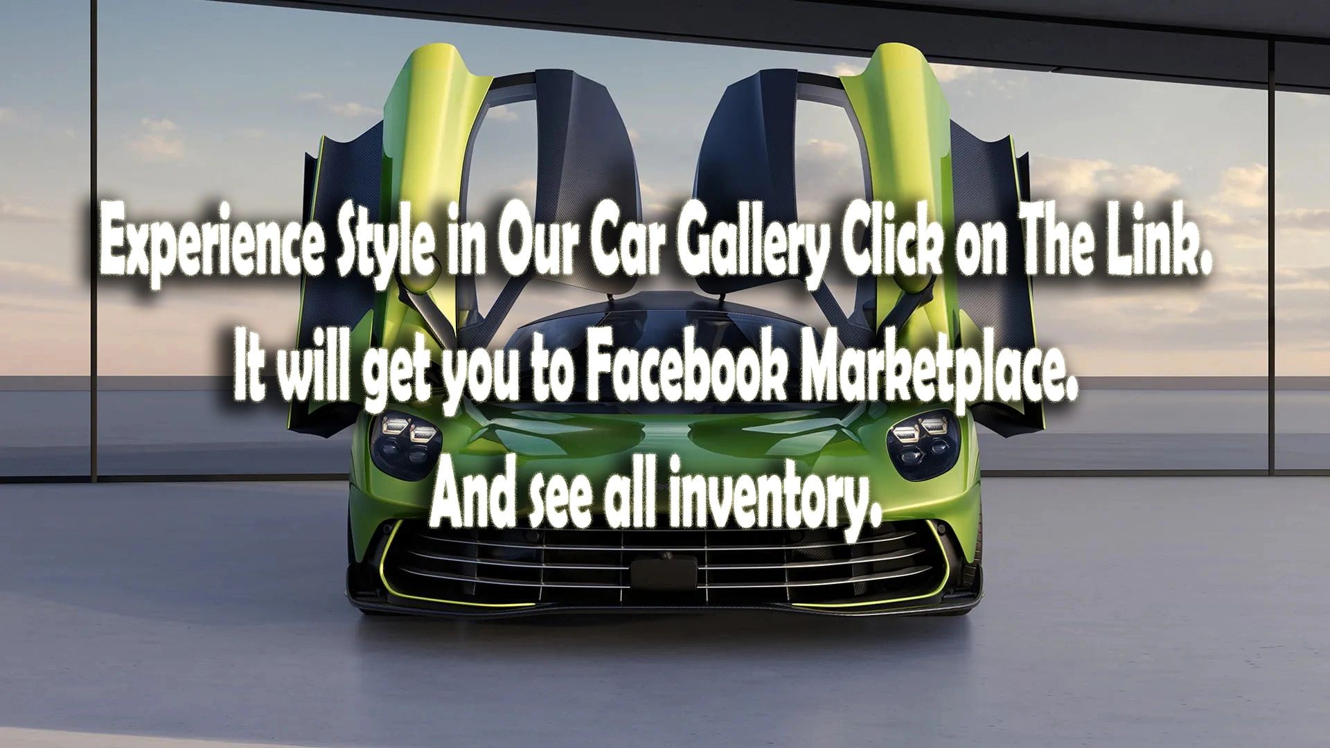 Green sports car with open butterfly doors in a modern showroom.