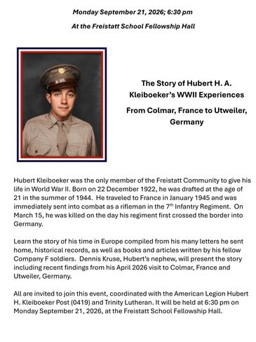 Announcement for Hubert H. A. Kleiboeker's WWII story event.