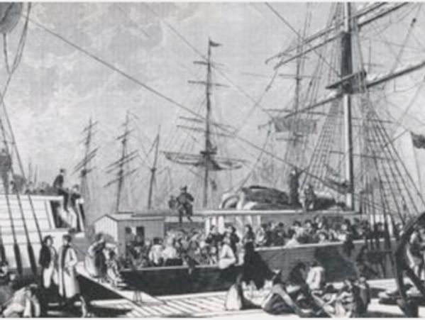 Typical view of Bremerhaven, Germany, in the 1850s, the port from where so many immigrants left.