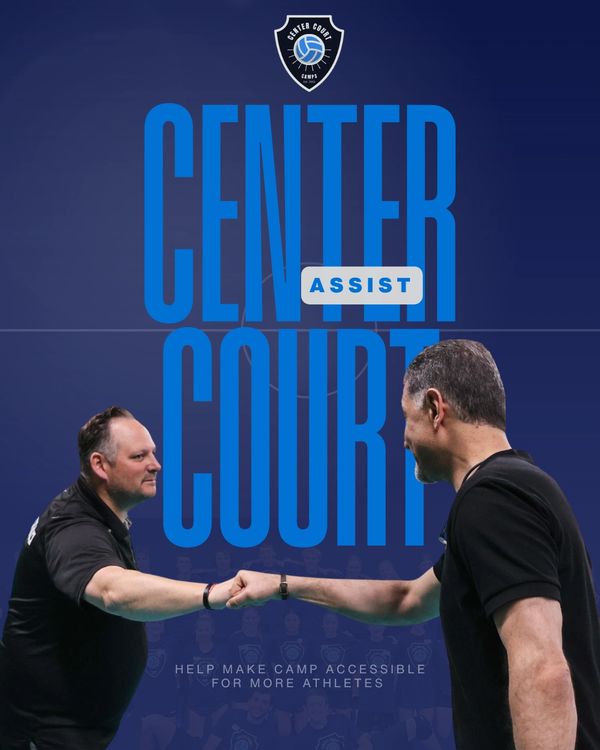 Two men fist bump in front of a 'Center Court Assist' campaign poster.