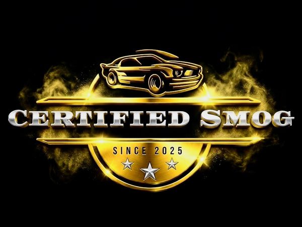 Golden logo of Certified Smog with a car and stars, established 2025.