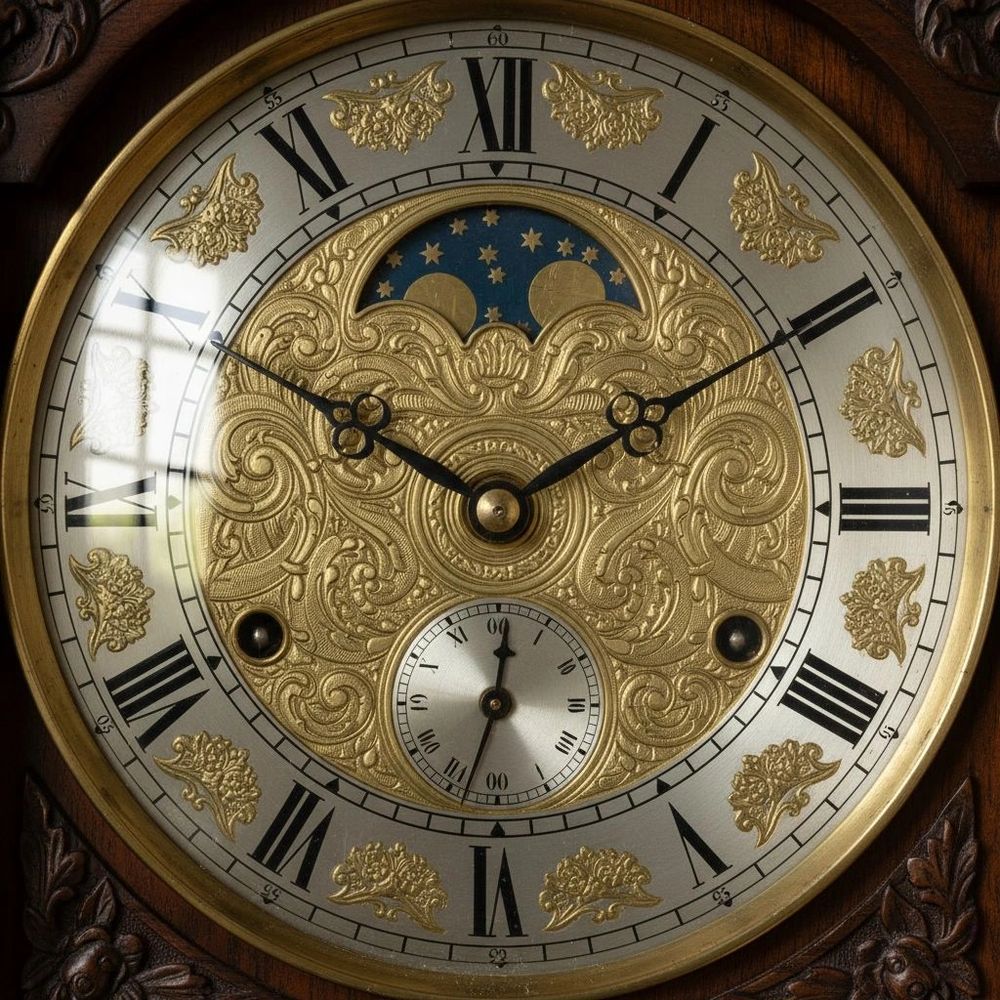 Close-up of an ornate antique clock face with Roman numerals and gold detailing.