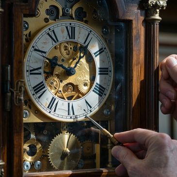 Close-up of a person winding an antique clock with visible gears.