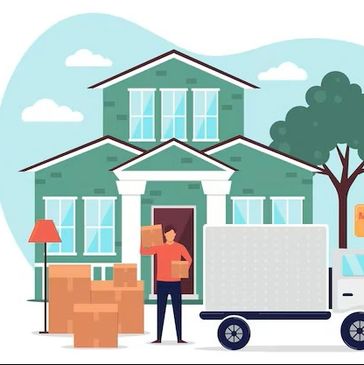 Person unloading boxes from a truck in front of a house.