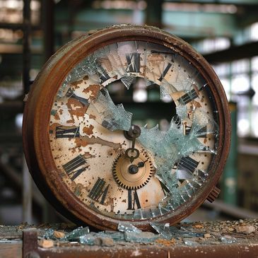 Rusty, broken clock with shattered glass in an abandoned setting.