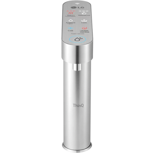 Sleek LG ThinQ water dispenser with digital control panel.