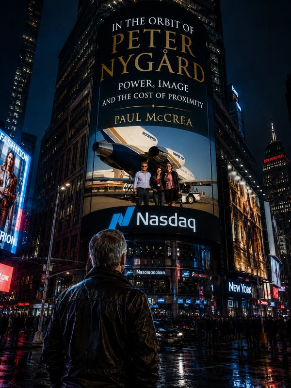 Man looking at a large Nasdaq billboard at night in New York.