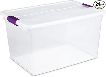 Clear plastic storage bin with white lid and purple handles, 24-pack.