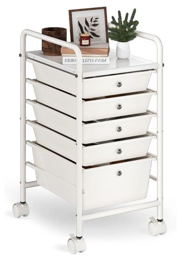 White metal storage cart with five drawers and wheels, decorated with a plant and framed art.