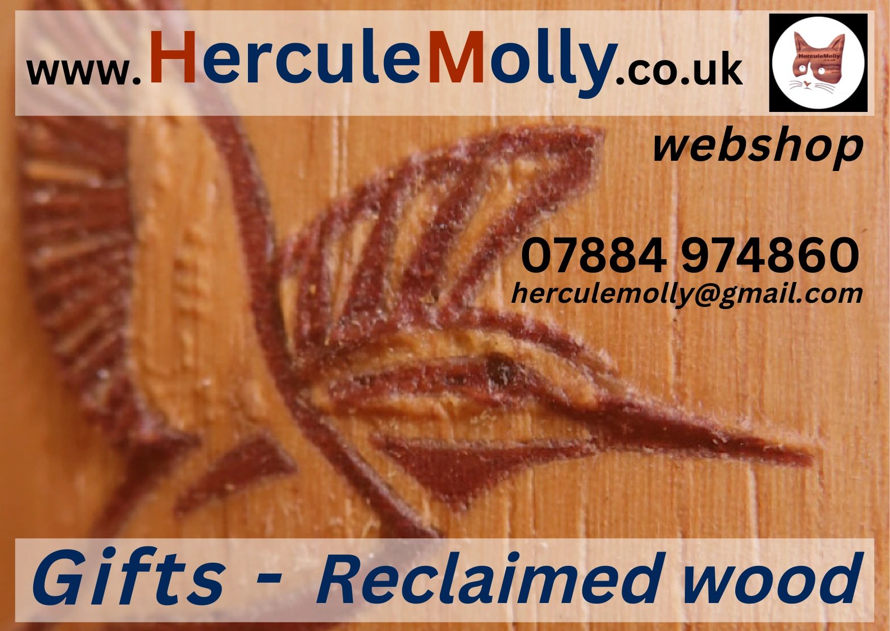 Advertisement for Hercule Molly webshop with contact details showing a mahogany kingfisher inlaid & carved onto a shallow dome.  Made from reclaimed hardwood pre-used as worktops, table tops, flooring, etc.