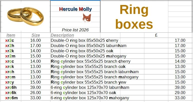 Price list for various sizes and types of ring boxes with different wood finishes.