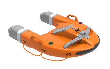 Orange autonomous underwater drone with dual propellers and sensors.