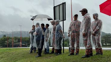 Group of people in raincoats standing outdoors under umbrellas on a cloudy day.