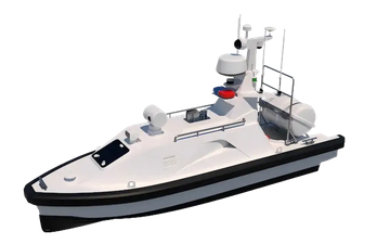 A sleek white patrol boat with antennas and equipment.