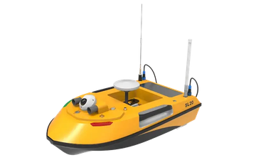 A small yellow unmanned surface vehicle with antennas.