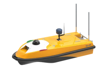 Small autonomous yellow boat with antennas and sensors.