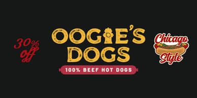 Yellow text of a hotdog company, with a discount code on the left and Chicago style hot dog