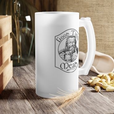 A premium frosted mug with Good Times Mead logo imprinted on it. 