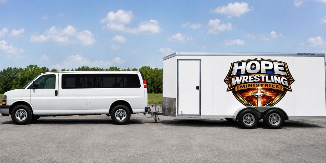 White van towing a Hope Wrestling Ministries trailer.