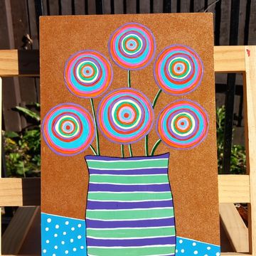 Wooden picture, green  blue striped vase with abstract circle flowers